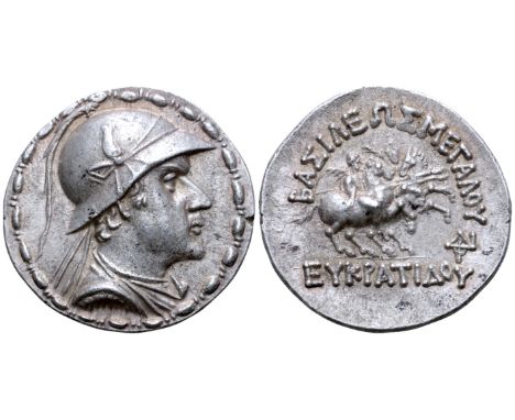 "Greco-Baktrian Kingdom, Eukratides I 'the Great' AR Tetradrachm. Circa 170-145 BC. Diademed and draped bust right, wearing h