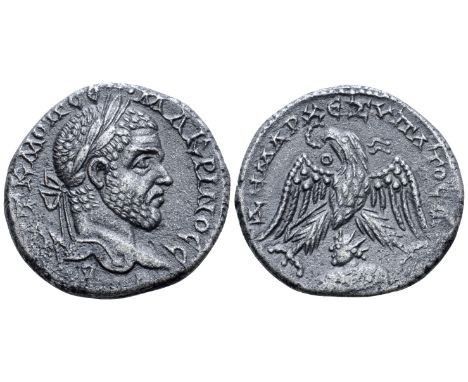 "Macrinus AR Tetradrachm of Emesa, Seleucis and Pieria. AD 217-218. AYT K M OΠ CЄ•••MAKPINOC C[ЄB], laureate head right / ΔHA