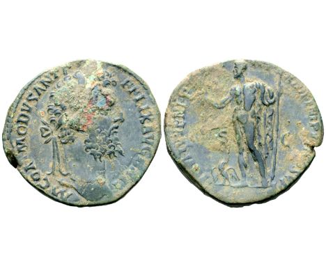 "Commodus Æ Sestertius. Rome, AD 188-189. M COMMODVS ANT P FELIX AVG BRIT, laureate head right / IOVI IVVENI P [M TR P] XIIII