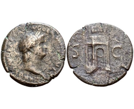 "Nero Æ Sestertius. Rome, circa AD 64(?). NERO•CLAVD•CAESAR• AVG•GER•P•M•TR•P•IMP P P, laureate bust right / Garlanded triump