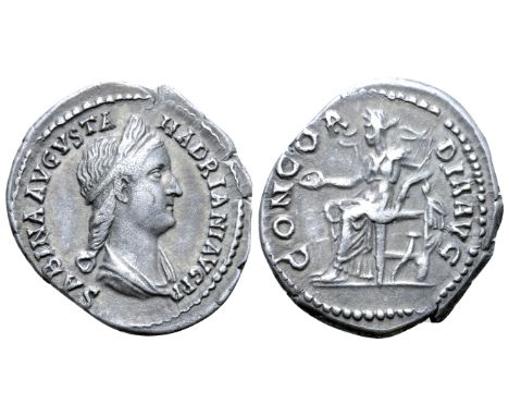 "Sabina (wife of Hadrian) AR Denarius. Rome, AD 128-136. SABINA AVGVSTA HADRIANI AVG P P, draped bust right, with hair waved 