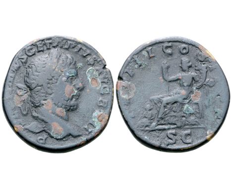 "Geta Æ Sestertius. Rome, AD 211. P S[EPTIMI]VS GETA PIVS AVG B[RIT], laureate head right / [TR P] III COS [II P P], Italia s