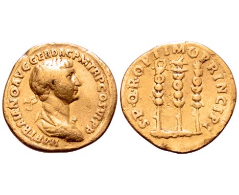 "Trajan AV Aureus. Rome, AD 113-114. IMP TRAIANO AVG GER DAC P M TR P COS VI P P, laureate, draped, and cuirassed bust right 