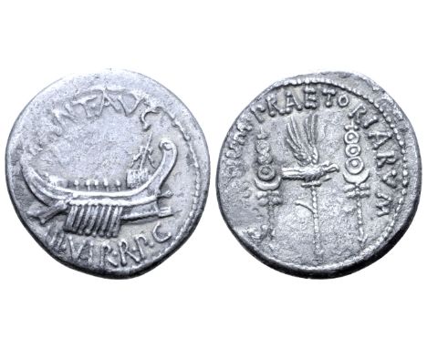 "Marc Antony Legionary AR Denarius. Military mint moving with Antony, autumn 32 - spring 31 BC. ANT•AVG III•VIR•R•P•C, praeto