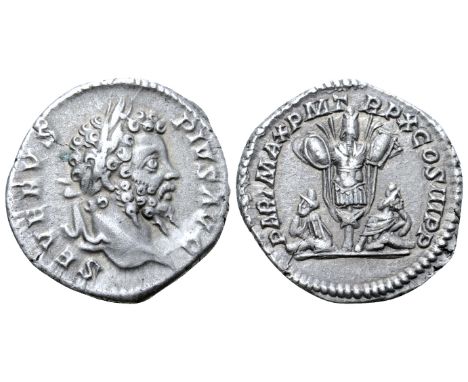 "Septimius Severus AR Denarius. Rome, AD 202. SEVERVS PIVS AVG, laureate head right / PART MAX P M TR P X COS III PP, trophy 