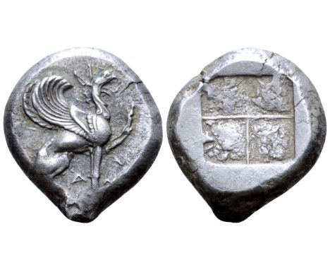 "Ionia, Teos AR Stater. Circa 485-475 BC. Griffin seated to right, with left forepaw raised; A below, E(?) before / Quadripar