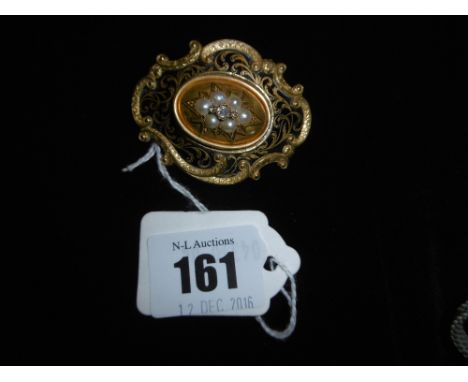 14ct MOURNING BROOCH, SEED PEARL AND DIAMONDS, 29 grams