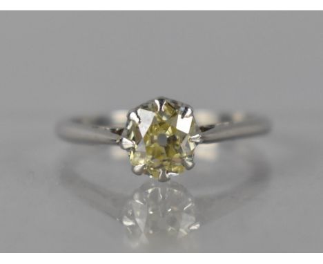 An Antique Platinum and Diamond Solitaire Ring, Central Old Cut Diamond Measuring 1.10ct, Fancy Light Yellow Colour, in Eight