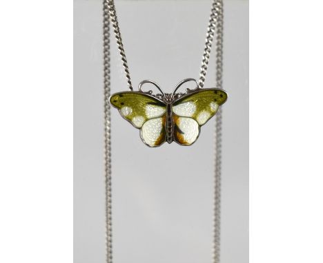 A Mid 20th Century Silver and Enamel Norwegian Butterfly Pendant on Chain, Green, White and Orange Enamel Over Turned Natural
