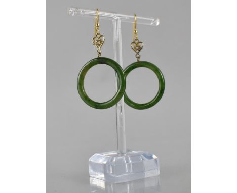 A Pair of Gilt White Metal Mounted Nephrite Jade Style Earrings, Hoops with Exterior Dimensions of 30mm, Suspended from Heart