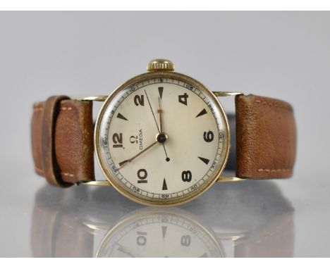 A C.1940s 9ct Gold Omega Wrist Watch, Champagne Dial with Gold Arabic Numerals and Arrow Hour Markers with a Black Enameled S