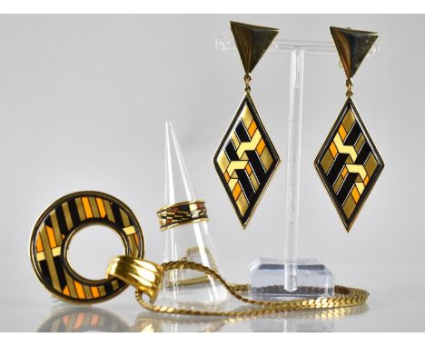 A Suite of Michaela Frey Jewellery, Geometric Design in Black, Cream, Orange and Gilt Enamel to comprise Pendant, Ring and a 