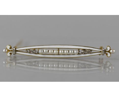 An Early 20th Century French 18ct Gold, Enamel, Pearl and Diamond Bar Brooch, Lozenge Shape with Central Bar Housing Eight Sm