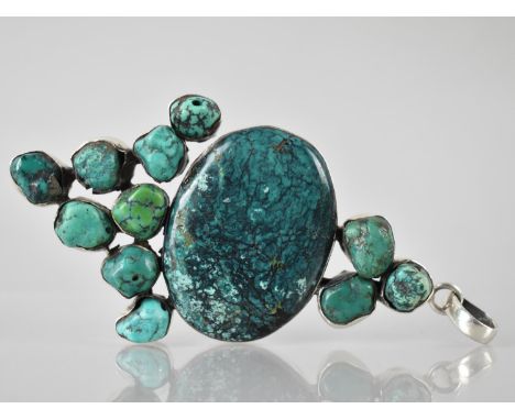 A Large Silver Mounted Multi-Stone Turquoise Pendant, Possibly Native American, Comprising Large Oval Turquoise Panel, 41mm b
