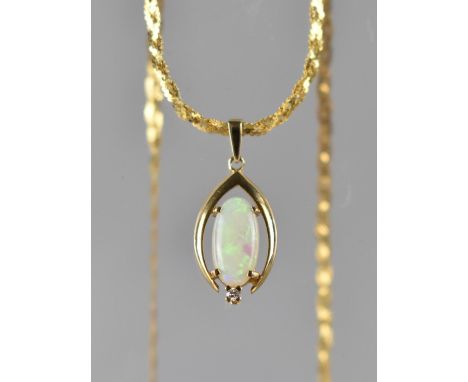 A 14ct Gold Mounted Opal and Diamond Pendant, Oval Opal Cabochon 12mm by 6mm in Four Claws with Small Round Brilliant Cut Dia