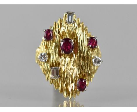 A 18ct Yellow Gold, Diamond and Ruby Cocktail Ring comprising Two Baguette Cut Diamonds (Approx 3.5x2mm, 3.5x3mm), Two Round 