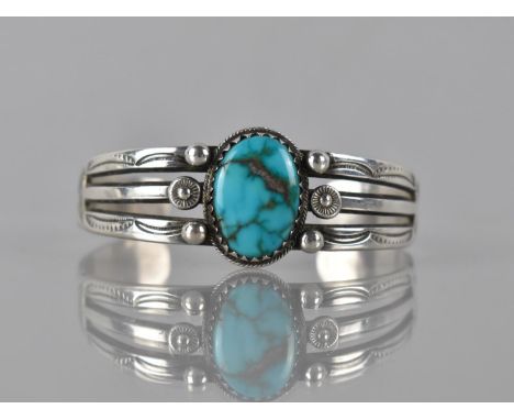 A Native American Bangle/Cuff, Unmarked White Metal with Central Oval Cabochon Turquoise Stone, 20mm by 14mm having Sphere an