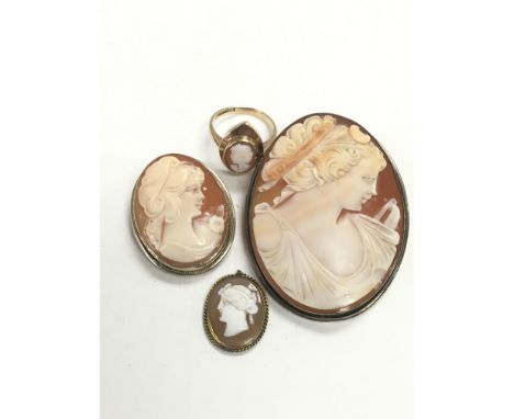 A 9ct gold cameo ring and three oval cameo brooches (4).