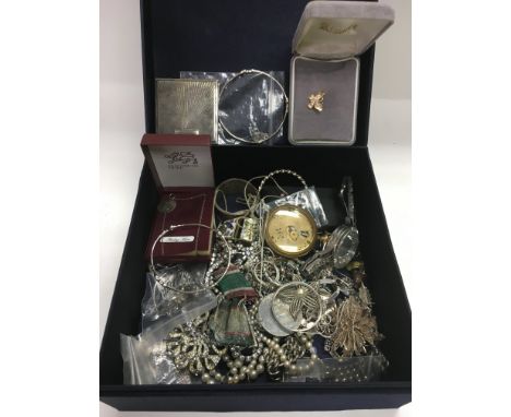 A box of costume jewellery including various watches and silver jewellery.