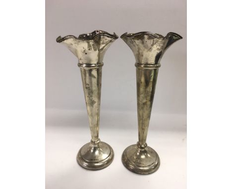 Two silver trumpet shaped vases, Sheffield hallmarks, approx height 25cm.