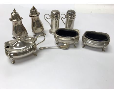 Silver cruet sets, some Mappin and Webb.