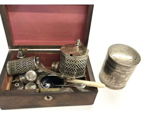 A collection of silver condiments, weighing approximately 393g and an Indian white metal round box and cover.