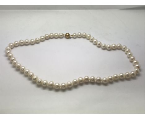 A white cultured pearl strung necklace with a 9ct yellow gold ball clasp.