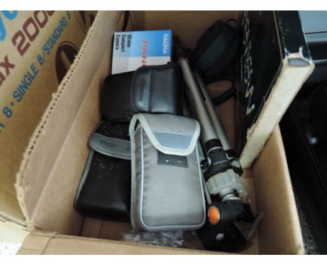 A box of cameras and equipment including a Halina Panorama, Yashica Zoomate 105SE, a Nikon TW2, a Panasonic C-420AF, A Canon 