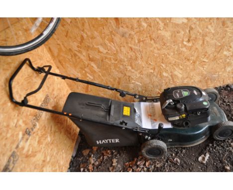 A HAYTER MOTIF 41 PETROL LAWN MOWER with grass box and manual, condition report: minor wear commensurate with age, working