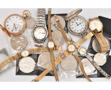 A BAG OF ASSORTED WRISTWATCHES, POCKET WATCHES AND COMMEMORATIVE COINS, to include a gents 'Seiko' automatic 17 jewel, stainl