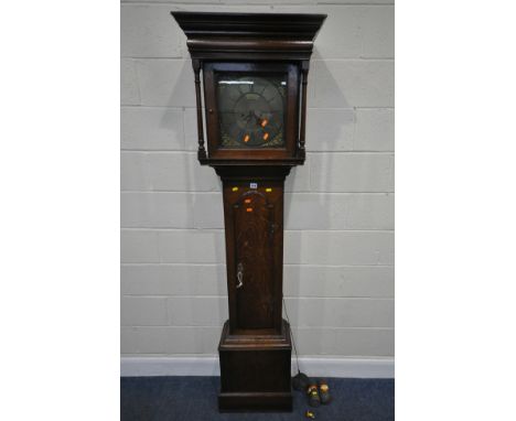 A GEORGIAN OAK CASE EIGHT DAY LONGCASE CLOCK, the box hood with a square glass door, that’s enclosing a 11.5 inch brass dial,