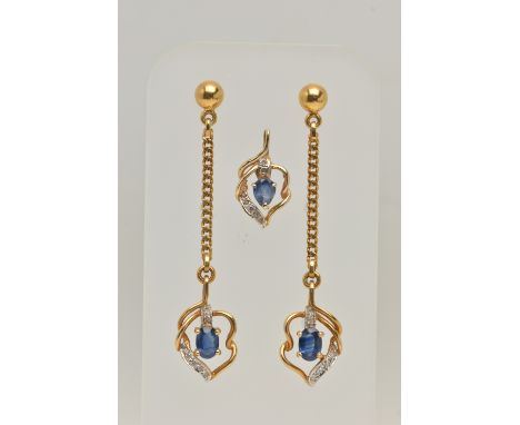 A 14CT GOLD SAPPHIRE AND DIAMOND PENDANT AND A PAIR OF YELLOW METAL DROP EARRINGS, the pendant set with a pear cut blue sapph