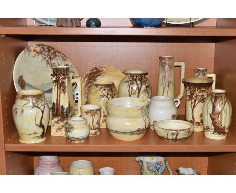 A GROUP OF EARLY EDWARD RADFORD 'TREE' PATTERN POTTERY, by James Harrison c1930, fifteen pieces painted with various trees on