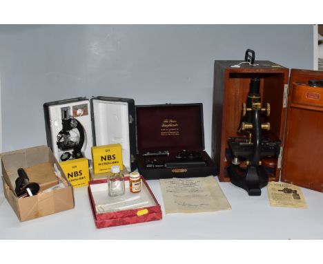 A BOX OF VINTAGE MICROSCOPE EQUIPMENT AND SUPPLIES to include a cased vintage 'Rieker Instrument Co Philadelphia' 'The Dare H
