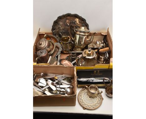 A BOX OF ASSORTED WHITE METAL WARE, to include trays, tea pots, coffee pots, sugar bowls, milk/cream jugs, Arthur Price condi