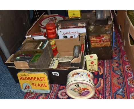 TWO BOXES OF VINTAGE ADVERTISING TINS, to include Manders White Spirit, Ogden's Redbreast Flake tobacco, Dunlop 'Minor' Tube 