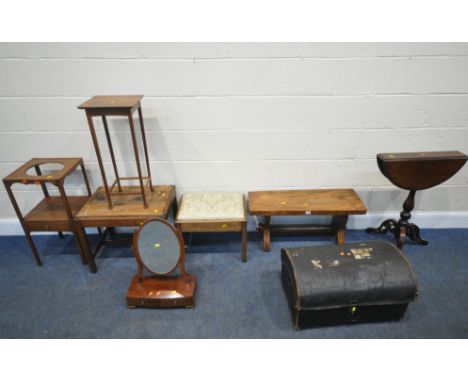 A SELECTION OF OCCASIONAL FURNITURE, to include a small trestle stool, another stool, two occasional tables, a drop leaf tabl
