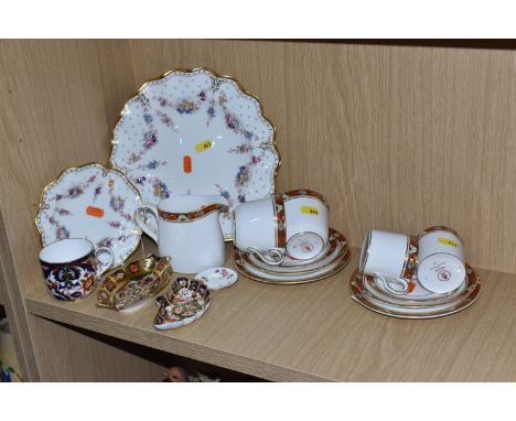 A COLLECTION OF ROYAL CROWN DERBY, comprising an Imari 1128 Solid Gold Band trinket dish (repairs to both handles, slight gla
