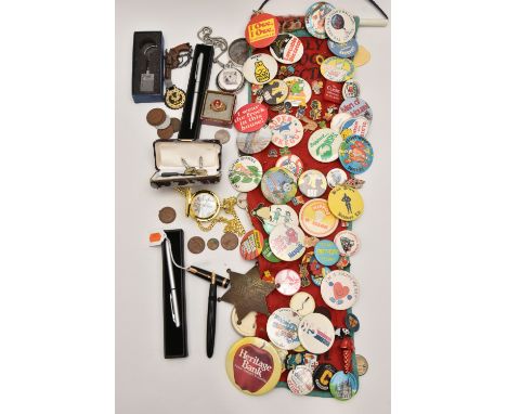 A BOX OF ASSORTED ITEMS, to include a 'Parker' fountain pen, nib stamped 14k, an assortment of badges, two pocket watches and