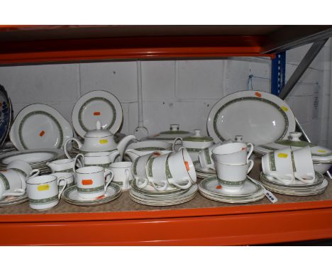 A ROYAL DOULTON 'RONDELAY' PATTERN DINNER SERVICE, comprising one oval meat plate, two covered tureens, a gravy boat and stan