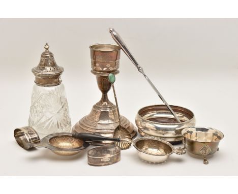 ASSORTED SILVER ITEMS, to include a pair of oval silver napkin rings, hallmarked Birmingham, a silver strainer hallmarked 'Co