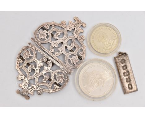 AN ASSORTMENT OF SILVER AND WHITE METAL, to include a silver nurses belt buckle, hallmarked Birmingham, a silver ingot pendan