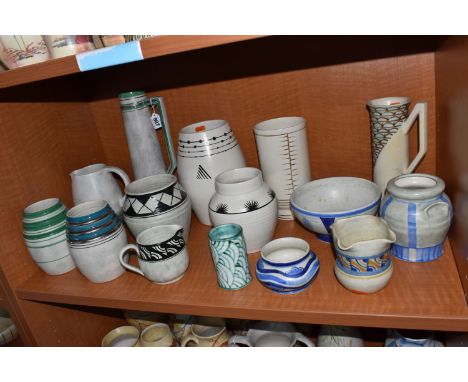 A GROUP OF FIFTEEN ART DECO GEOMETRIC PATTERNED JUGS AND VASES to include three 'KE' patterned items comprising two green and