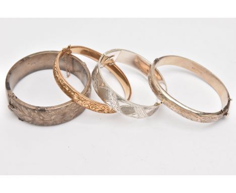 THREE SILVER BANGLES AND A ROLLED GOLD BANGLE, three hinged bangles with etched detail, each hallmarked Birmingham, approxima