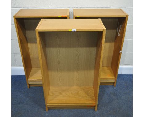 THREE IKEA BOOKCASES, with a total of ten shelves, 60cm x depth 28cm x height 107cm, condition report: quantity of shelf pins