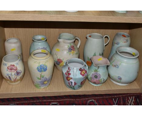 A COLLECTION OF TEN E RADFORD CERAMICS to include two 'QY' patterned vases in shapes 178 and 430 with repeating circle motifs