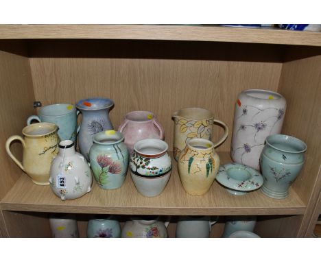 A COLLECTION OF TWELVE E RADFORD ITEMS to include two glazed 'Beryl Ware' items in a 'VL' pattern comprising a vase (height 1