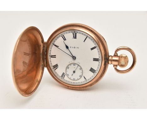 A ROLLED GOLD 'ELGIN' FULL HUNTER POCKET WATCH, manual wind, round white Roman numeral dial signed 'Elgin', subsidiary dial a
