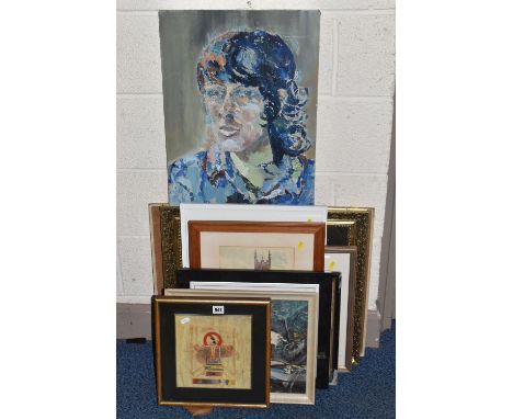 A SMALL QUANTITY OF 20TH CENTURY PICTURES ETC, to include a Denness Morton collage 'reflections of a Selkie Hunter', initiall