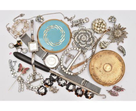 A BAG OF ASSORTED ITEMS, to include a tortoiseshell line bracelet with various pictures, fitted with a spring clasp, two comp